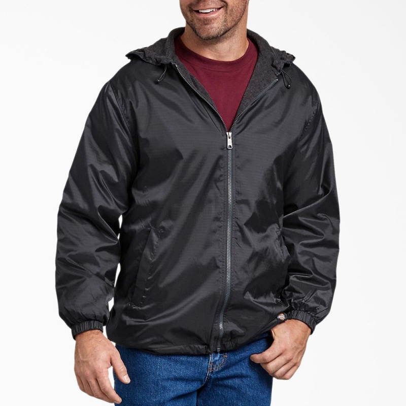 Men\'s Dickies Fleece Lined Nylon Hooded Jacket Black | 426790BTO