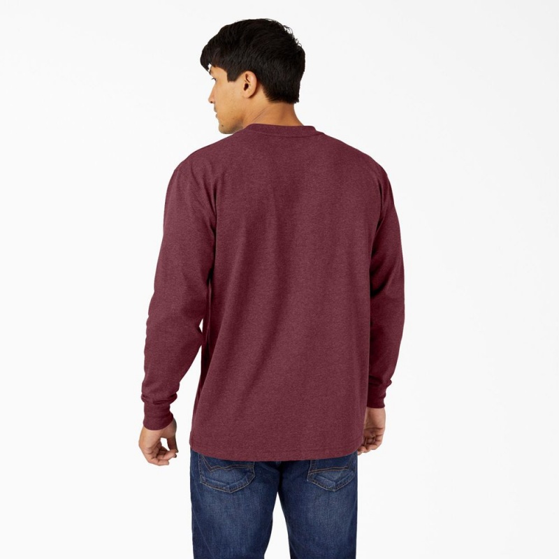 Men's Dickies Heavyweight Heathered Long Sleeve Pocket T-Shirt Burgundy | 872149BNC