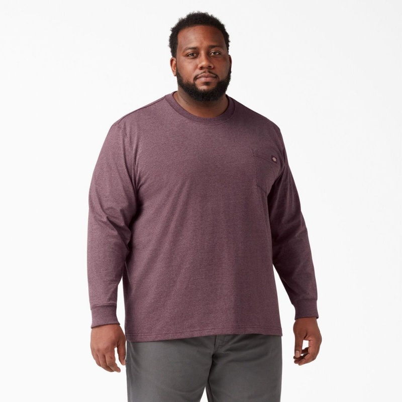 Men's Dickies Heavyweight Heathered Long Sleeve Pocket T-Shirt Burgundy | 872149BNC