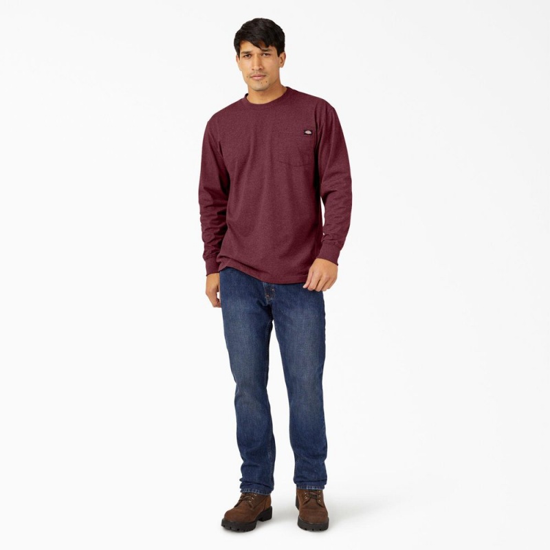 Men's Dickies Heavyweight Heathered Long Sleeve Pocket T-Shirt Burgundy | 872149BNC