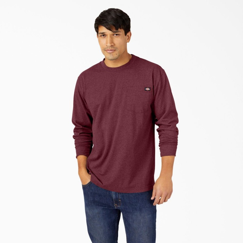 Men\'s Dickies Heavyweight Heathered Long Sleeve Pocket T-Shirt Burgundy | 872149BNC