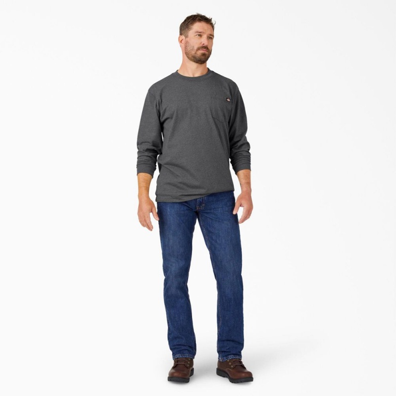 Men's Dickies Heavyweight Heathered Long Sleeve Pocket T-Shirt Grey | 309756ORV