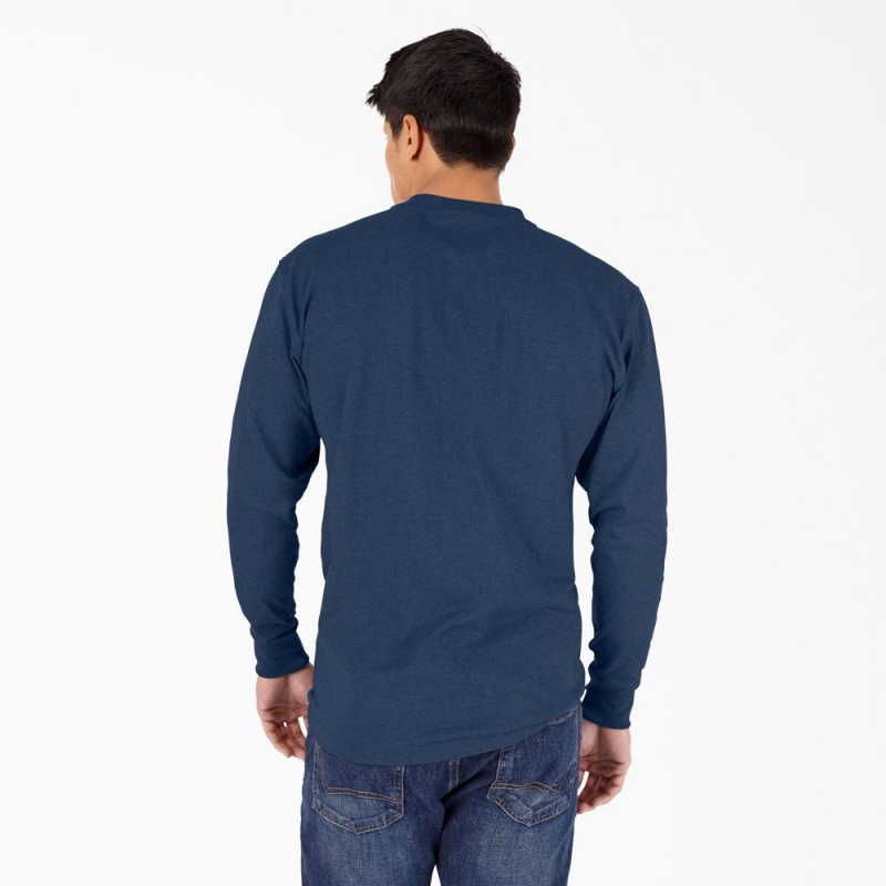 Men's Dickies Heavyweight Heathered Long Sleeve Henley T-Shirt Navy | 714028GEN