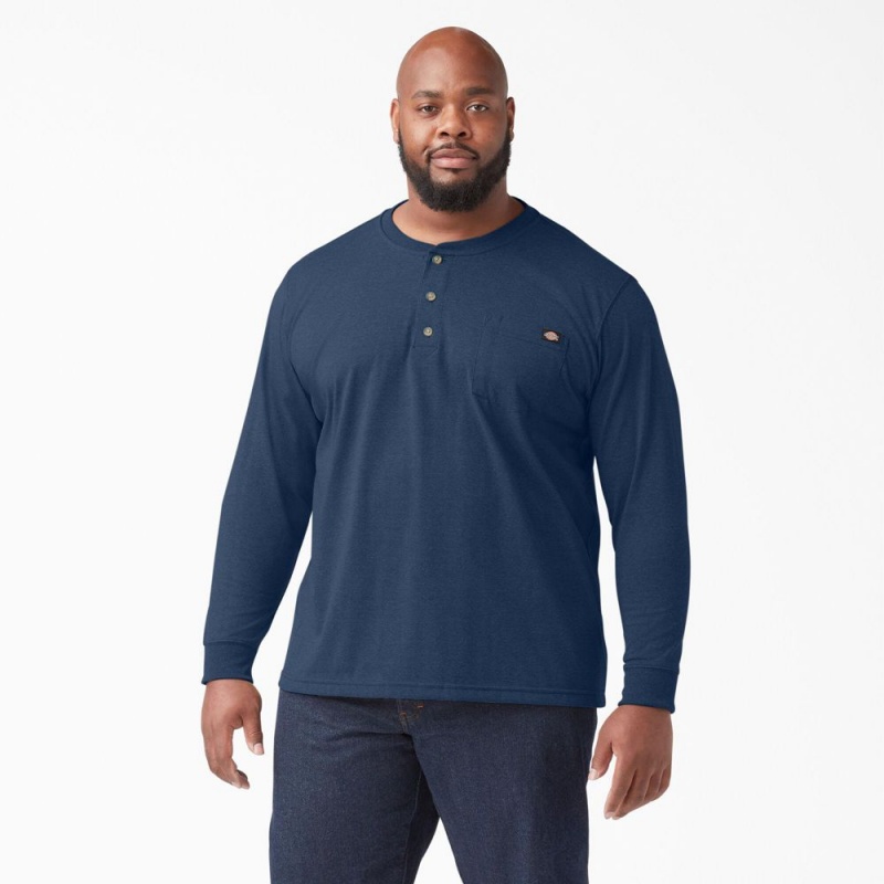 Men's Dickies Heavyweight Heathered Long Sleeve Henley T-Shirt Navy | 714028GEN