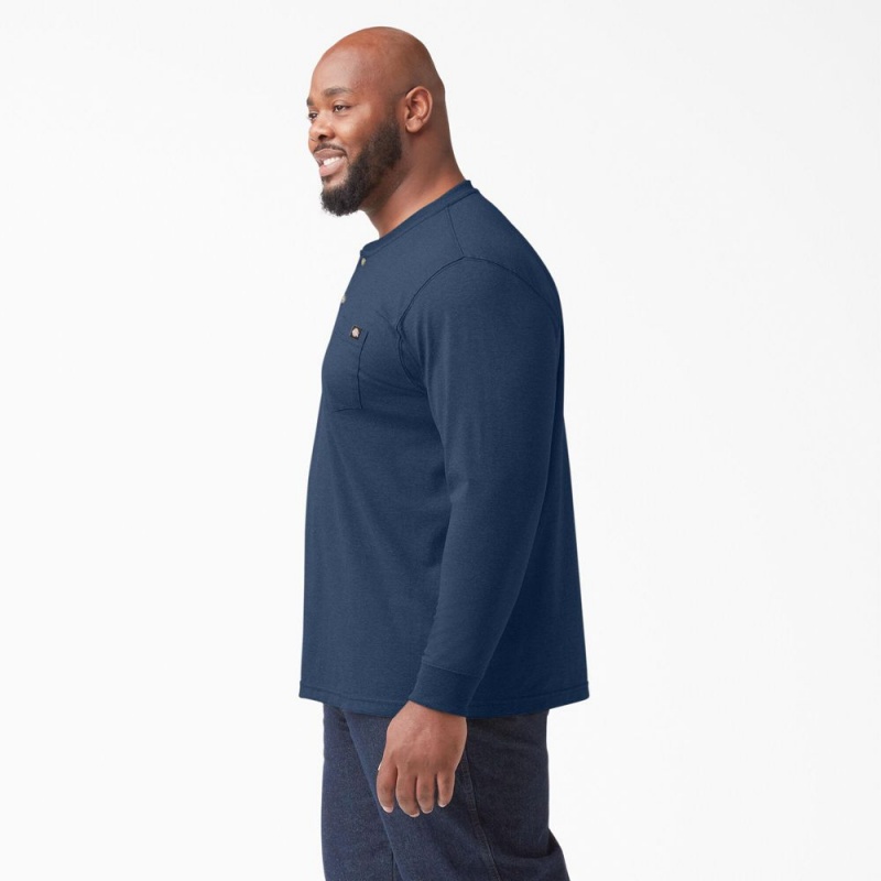 Men's Dickies Heavyweight Heathered Long Sleeve Henley T-Shirt Navy | 714028GEN