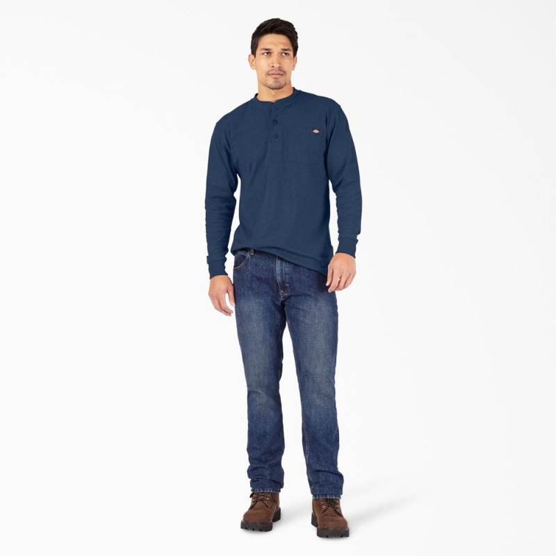 Men's Dickies Heavyweight Heathered Long Sleeve Henley T-Shirt Navy | 714028GEN