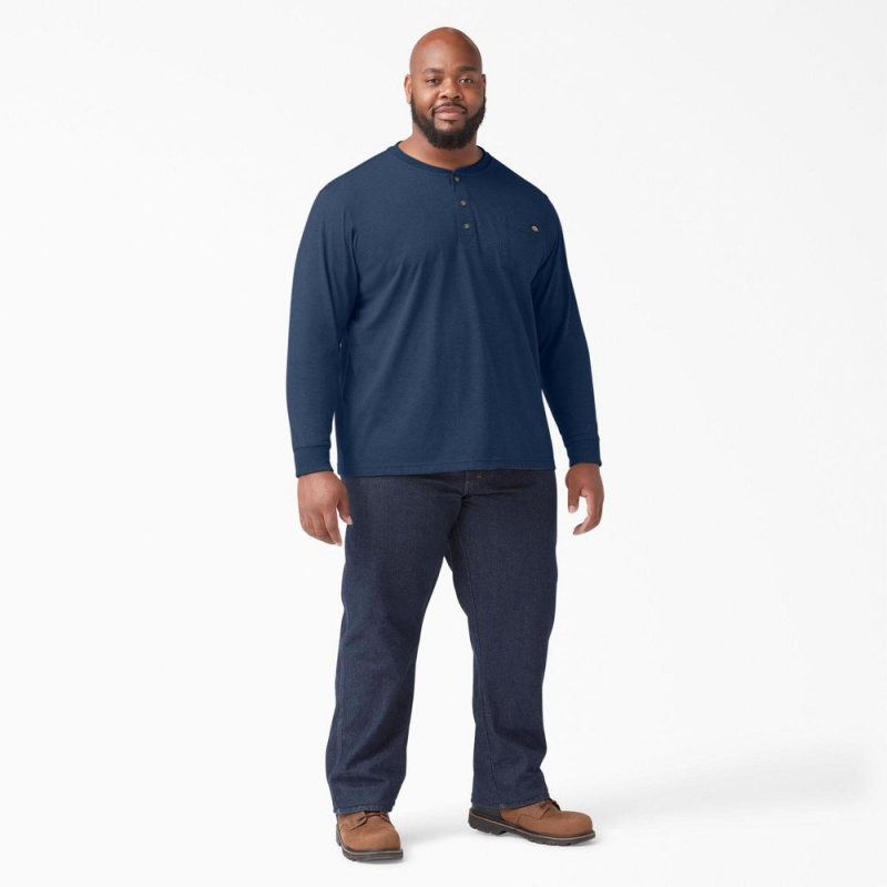 Men's Dickies Heavyweight Heathered Long Sleeve Henley T-Shirt Navy | 714028GEN