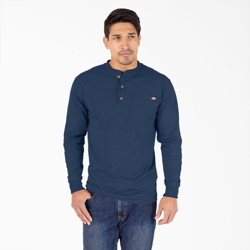 Men\'s Dickies Heavyweight Heathered Long Sleeve Henley T-Shirt Navy | 714028GEN