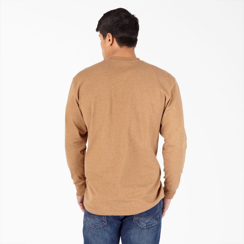 Men's Dickies Heavyweight Heathered Long Sleeve Henley T-Shirt Brown | 108293FJR