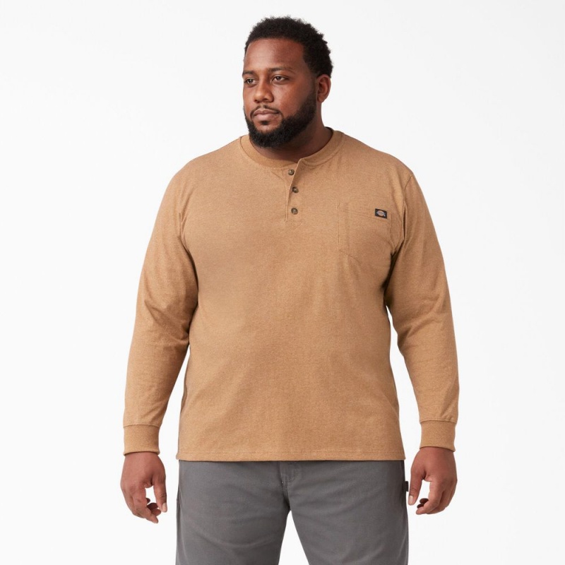 Men's Dickies Heavyweight Heathered Long Sleeve Henley T-Shirt Brown | 108293FJR