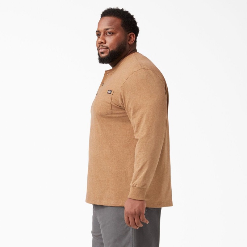 Men's Dickies Heavyweight Heathered Long Sleeve Henley T-Shirt Brown | 108293FJR