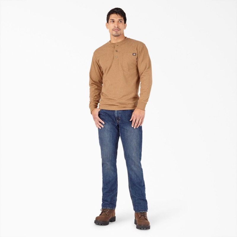 Men's Dickies Heavyweight Heathered Long Sleeve Henley T-Shirt Brown | 108293FJR