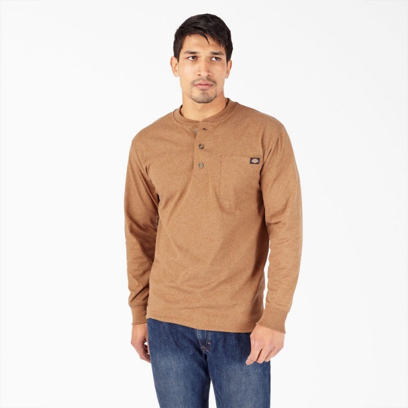 Men\'s Dickies Heavyweight Heathered Long Sleeve Henley T-Shirt Brown | 108293FJR