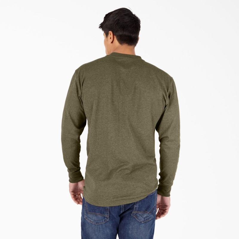 Men's Dickies Heavyweight Heathered Long Sleeve Henley T-Shirt Green | 138056TYW