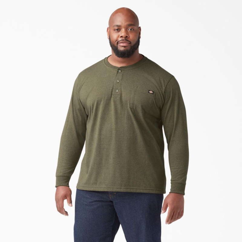 Men's Dickies Heavyweight Heathered Long Sleeve Henley T-Shirt Green | 138056TYW