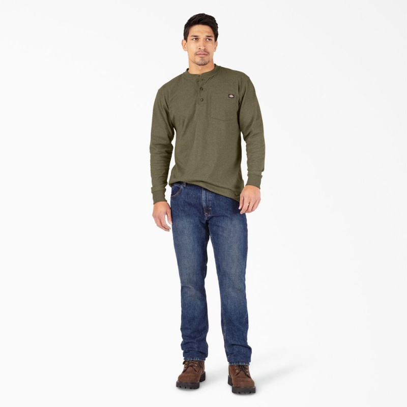 Men's Dickies Heavyweight Heathered Long Sleeve Henley T-Shirt Green | 138056TYW