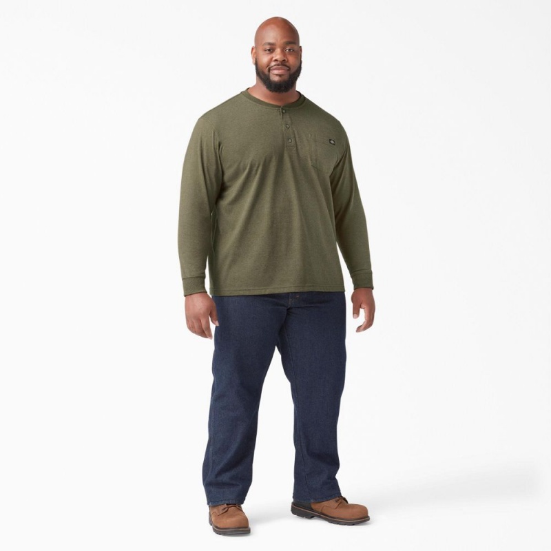 Men's Dickies Heavyweight Heathered Long Sleeve Henley T-Shirt Green | 138056TYW