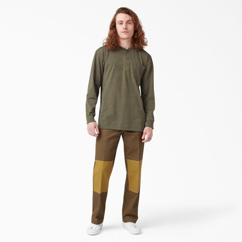 Men's Dickies Heavyweight Heathered Long Sleeve Henley T-Shirt Green | 138056TYW