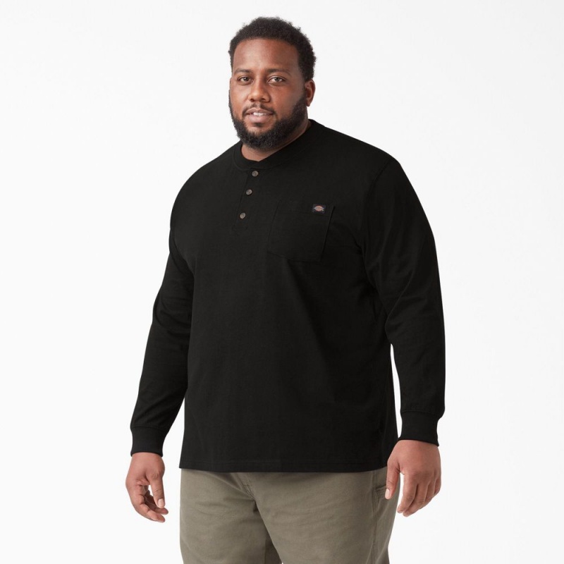 Men's Dickies Heavyweight Long Sleeve Henley T-Shirt Black | 207489AIH