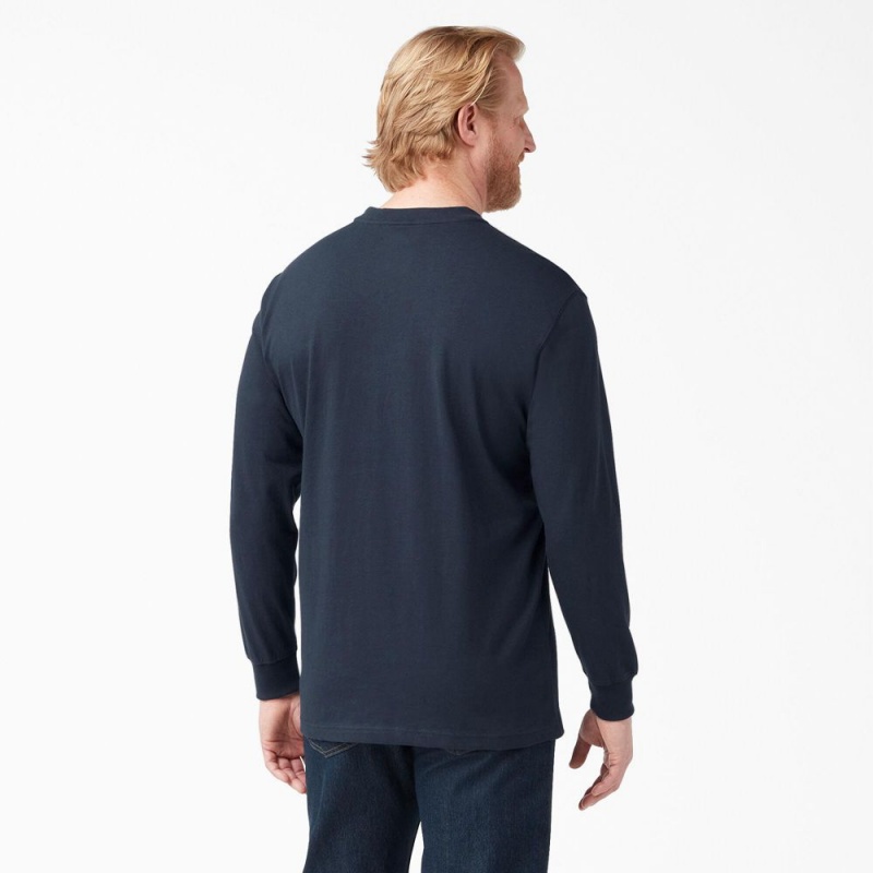 Men's Dickies Heavyweight Long Sleeve Henley T-Shirt Navy | 618075ZDW