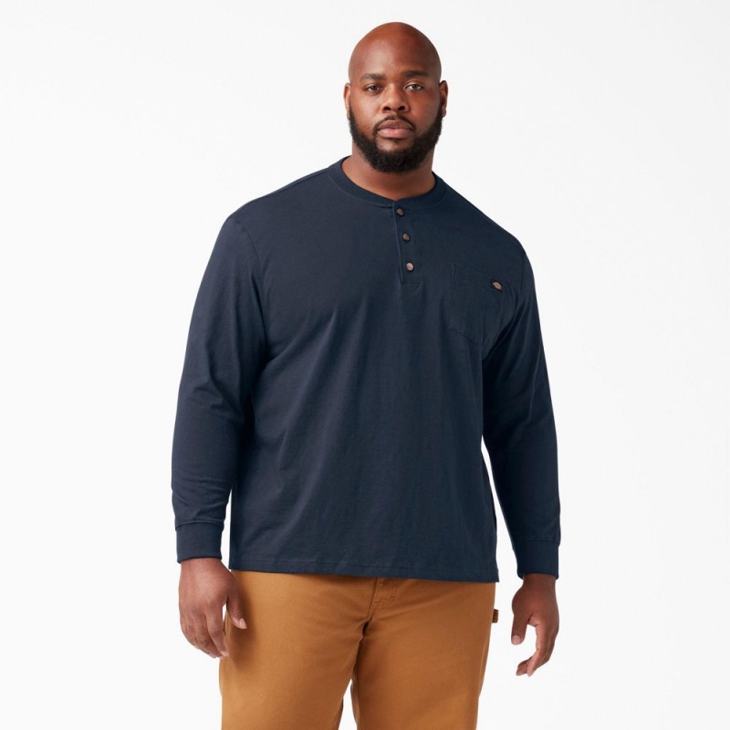 Men's Dickies Heavyweight Long Sleeve Henley T-Shirt Navy | 618075ZDW