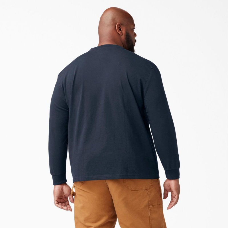 Men's Dickies Heavyweight Long Sleeve Henley T-Shirt Navy | 618075ZDW