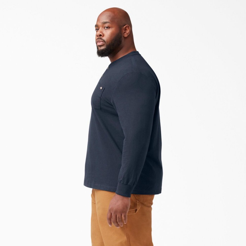 Men's Dickies Heavyweight Long Sleeve Henley T-Shirt Navy | 618075ZDW