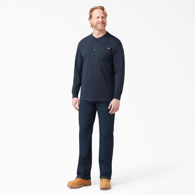 Men's Dickies Heavyweight Long Sleeve Henley T-Shirt Navy | 618075ZDW