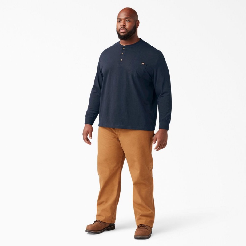 Men's Dickies Heavyweight Long Sleeve Henley T-Shirt Navy | 618075ZDW