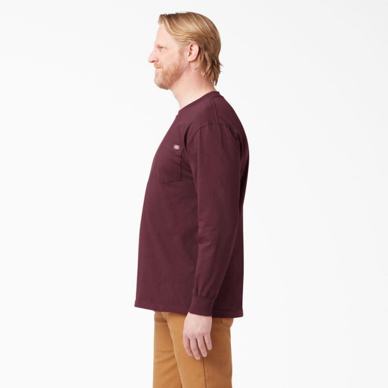 Men's Dickies Heavyweight Long Sleeve Pocket T-Shirt Burgundy | 354201ZFI