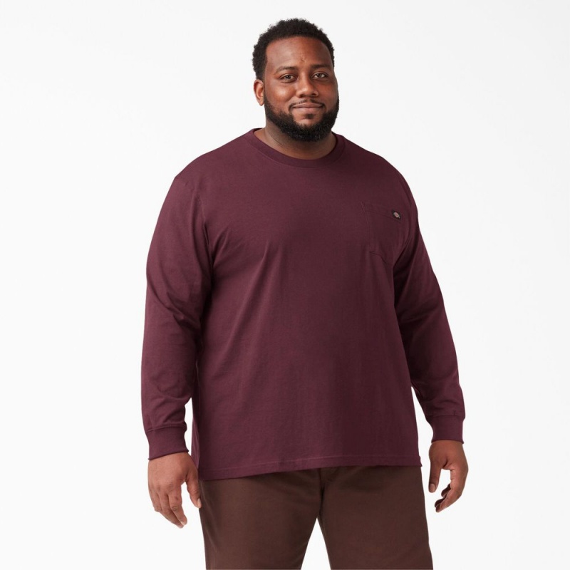 Men's Dickies Heavyweight Long Sleeve Pocket T-Shirt Burgundy | 354201ZFI