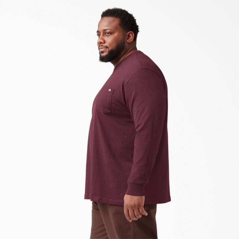 Men's Dickies Heavyweight Long Sleeve Pocket T-Shirt Burgundy | 354201ZFI