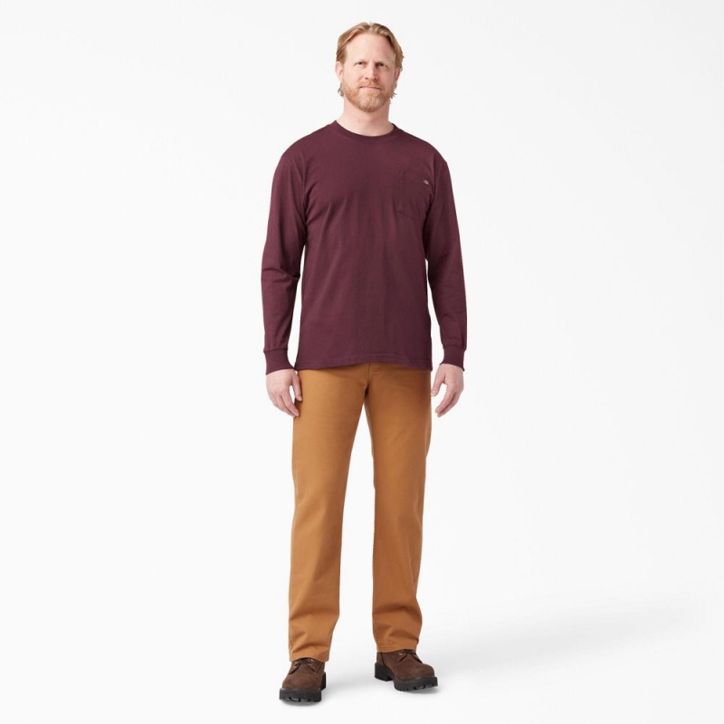 Men's Dickies Heavyweight Long Sleeve Pocket T-Shirt Burgundy | 354201ZFI