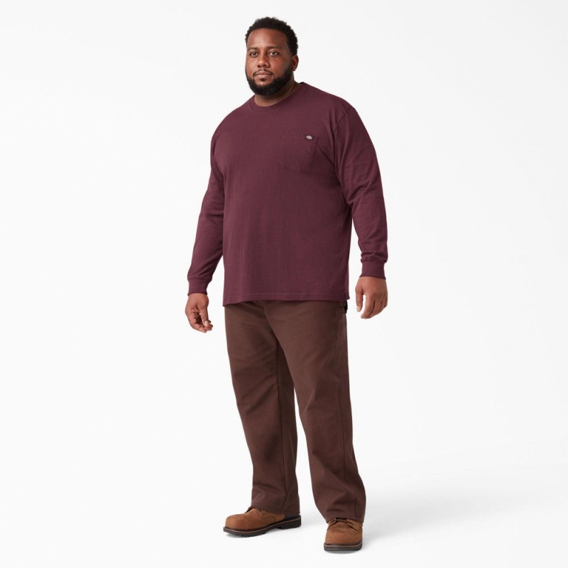 Men's Dickies Heavyweight Long Sleeve Pocket T-Shirt Burgundy | 354201ZFI