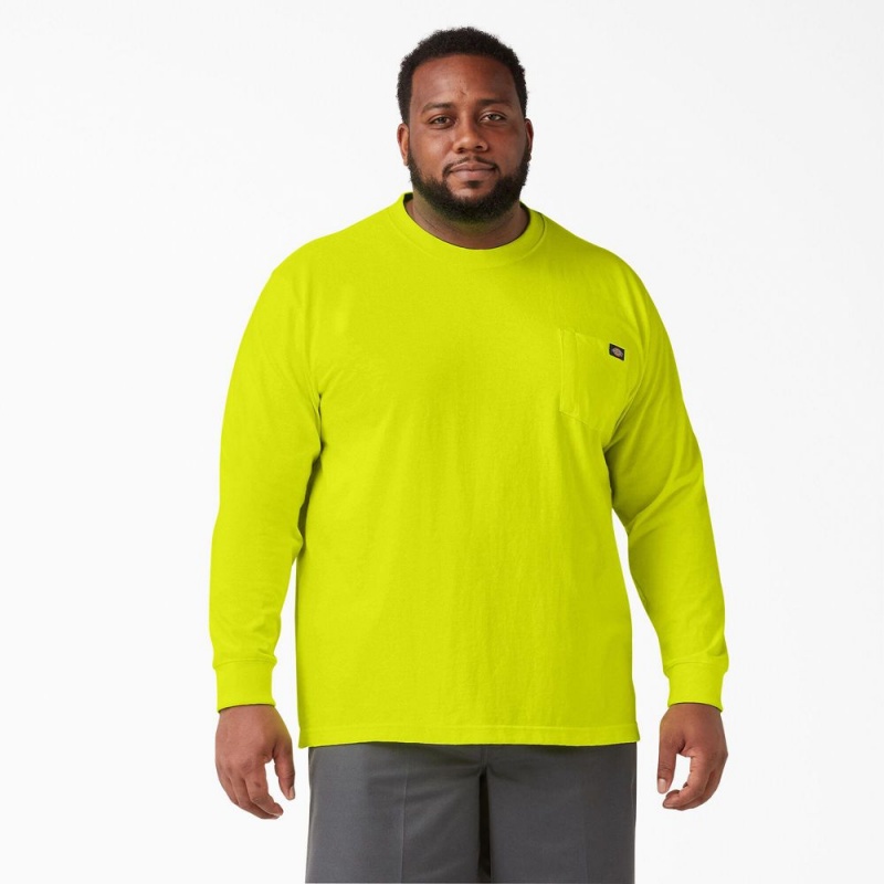 Men's Dickies Heavyweight Neon Long Sleeve Pocket T-Shirt Green | 704935VWM