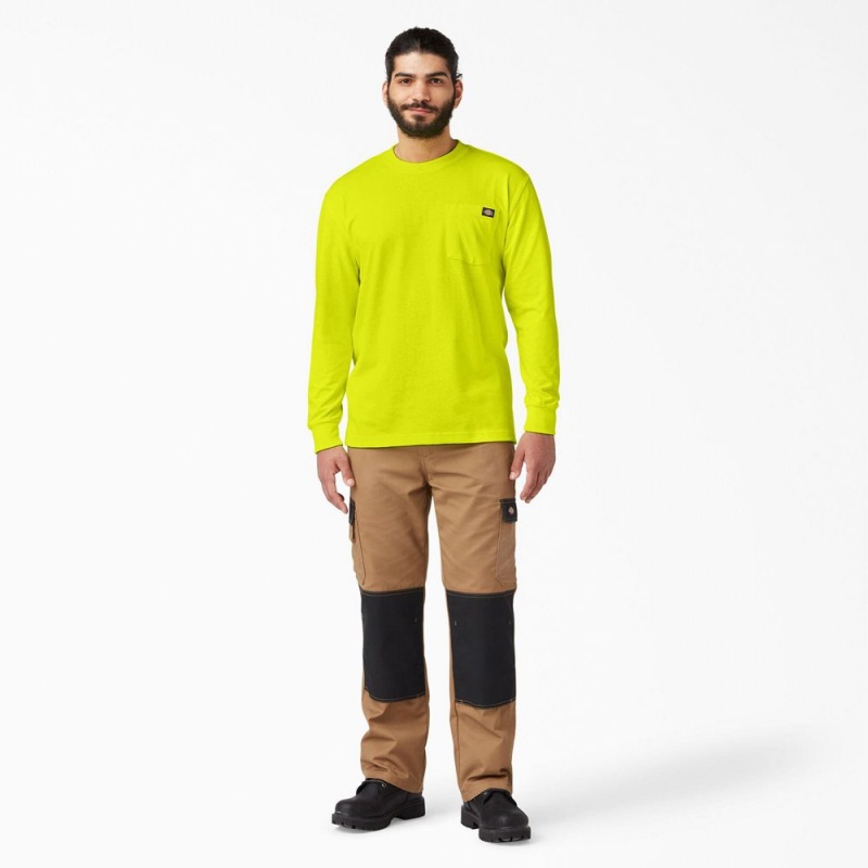 Men's Dickies Heavyweight Neon Long Sleeve Pocket T-Shirt Green | 704935VWM