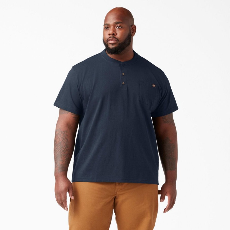 Men's Dickies Heavyweight Short Sleeve Henley T-Shirt Navy | 361950CZU