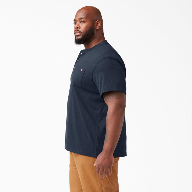 Men's Dickies Heavyweight Short Sleeve Henley T-Shirt Navy | 361950CZU