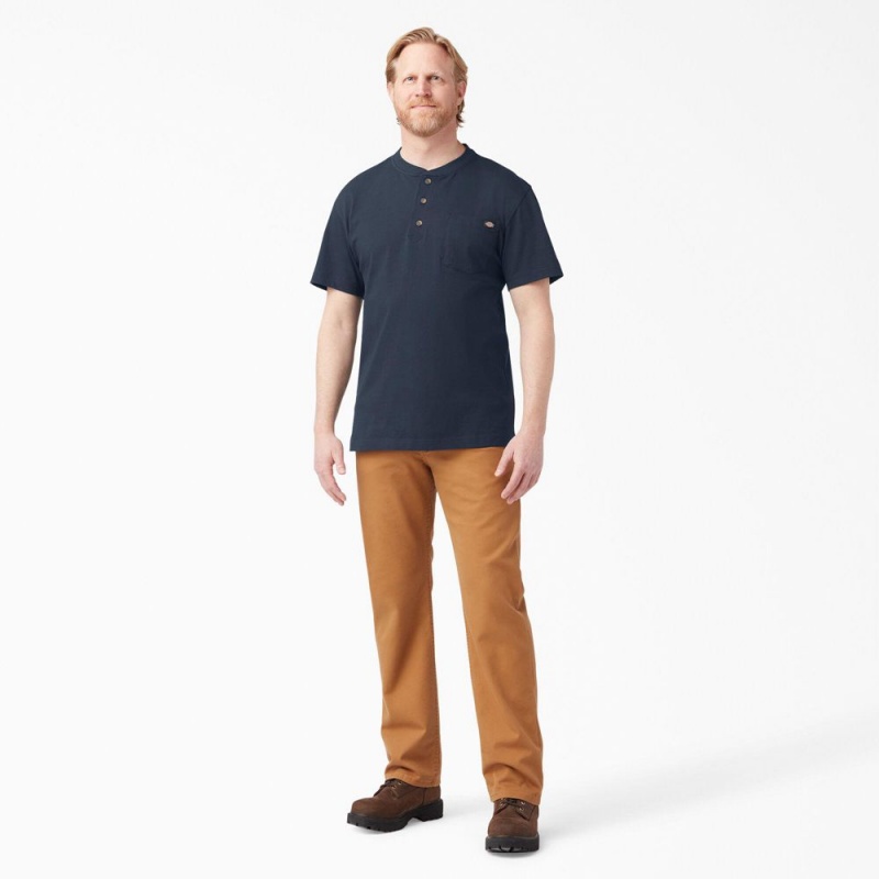 Men's Dickies Heavyweight Short Sleeve Henley T-Shirt Navy | 361950CZU