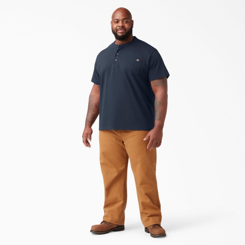 Men's Dickies Heavyweight Short Sleeve Henley T-Shirt Navy | 361950CZU