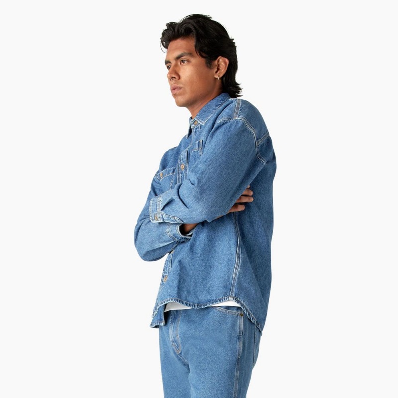 Men's Dickies Houston Denim Shirt Blue | 573648LMQ