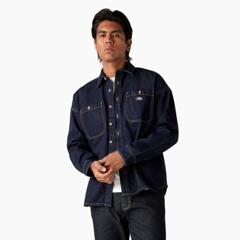 Men\'s Dickies Houston Denim Shirt Navy | 213670GZM