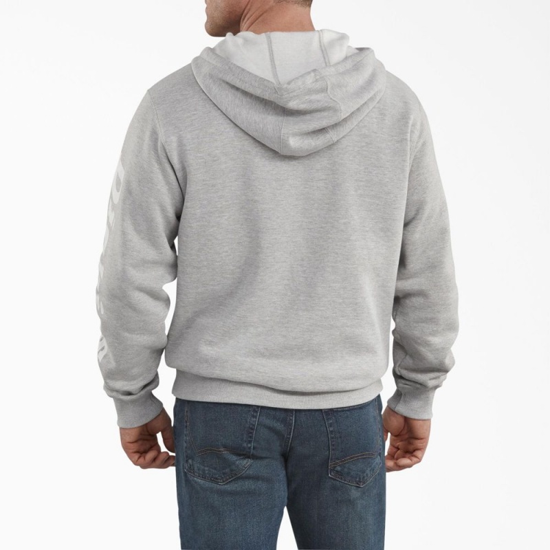 Men's Dickies Logo Sleeve Fleece Hoodie Grey | 150673UMX