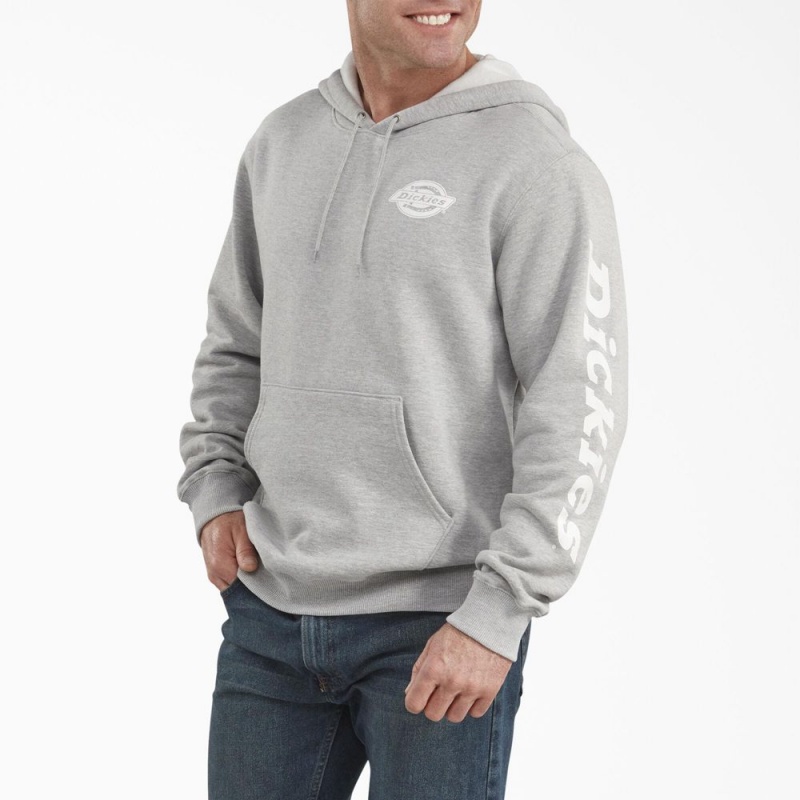 Men\'s Dickies Logo Sleeve Fleece Hoodie Grey | 150673UMX