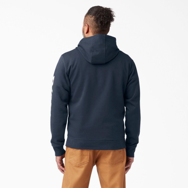 Men's Dickies Logo Sleeve Fleece Hoodie Navy | 841790DLH