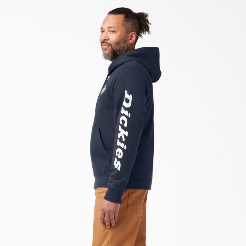 Men's Dickies Logo Sleeve Fleece Hoodie Navy | 841790DLH