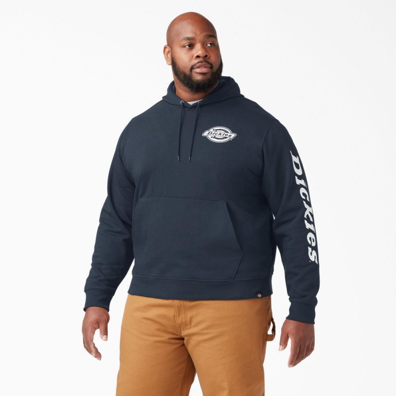 Men's Dickies Logo Sleeve Fleece Hoodie Navy | 841790DLH