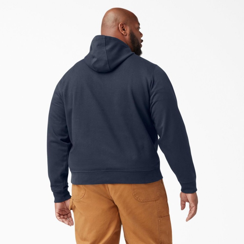 Men's Dickies Logo Sleeve Fleece Hoodie Navy | 841790DLH