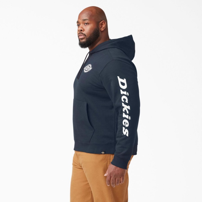 Men's Dickies Logo Sleeve Fleece Hoodie Navy | 841790DLH