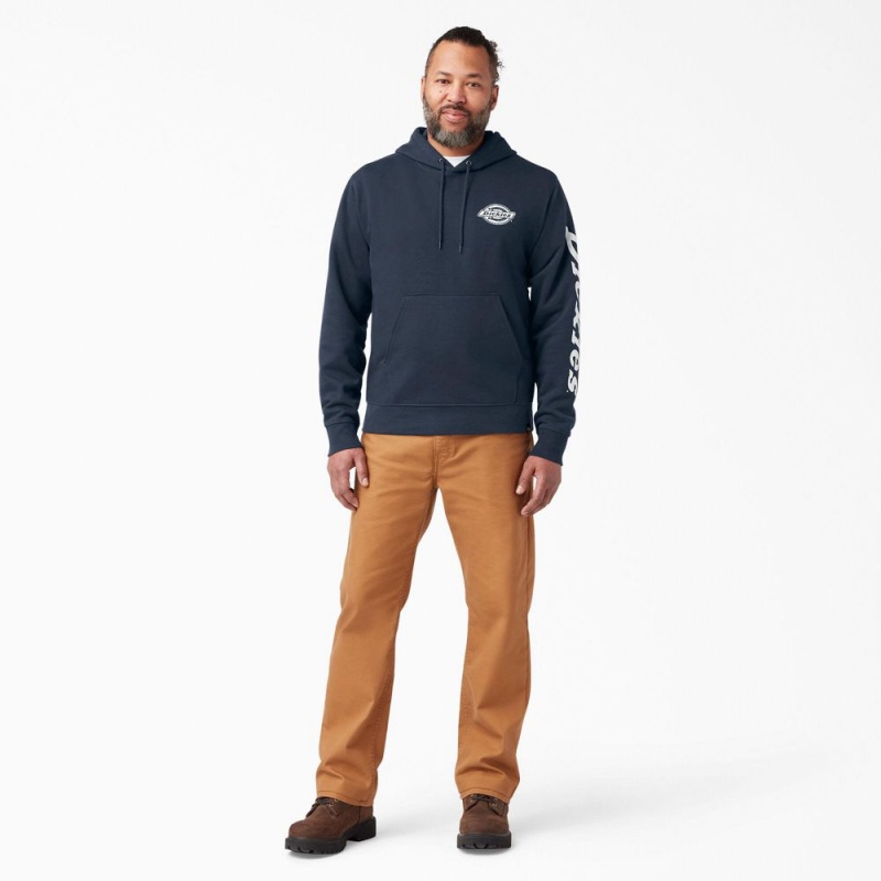 Men's Dickies Logo Sleeve Fleece Hoodie Navy | 841790DLH